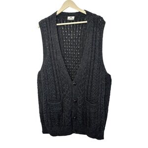 Carraigdonn Mens Grey Wool Aran Cable Knit Cardigan Vest Ireland